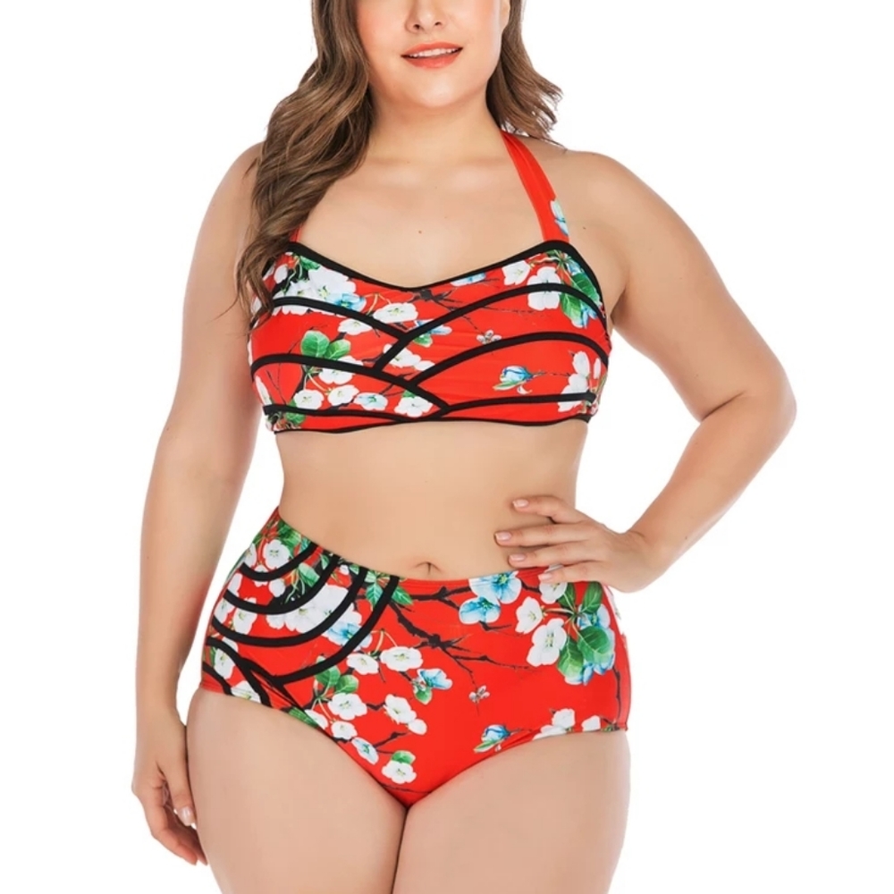 Womens Sexy Swimsuit Orange Floral High Waisted Bikini Swimwear Bathing Suit 14